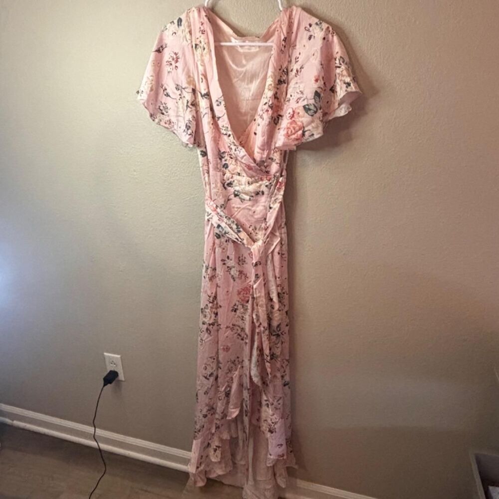 JJs House Pink Floral Formal hi-low wrap Belt Dress Size 2